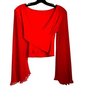 Red V-Shaped Top with Sheer Pleated Sleeves Made in France